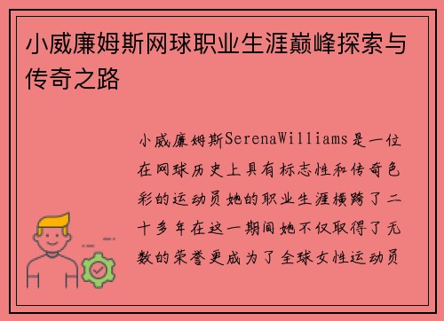 小威廉姆斯网球职业生涯巅峰探索与传奇之路